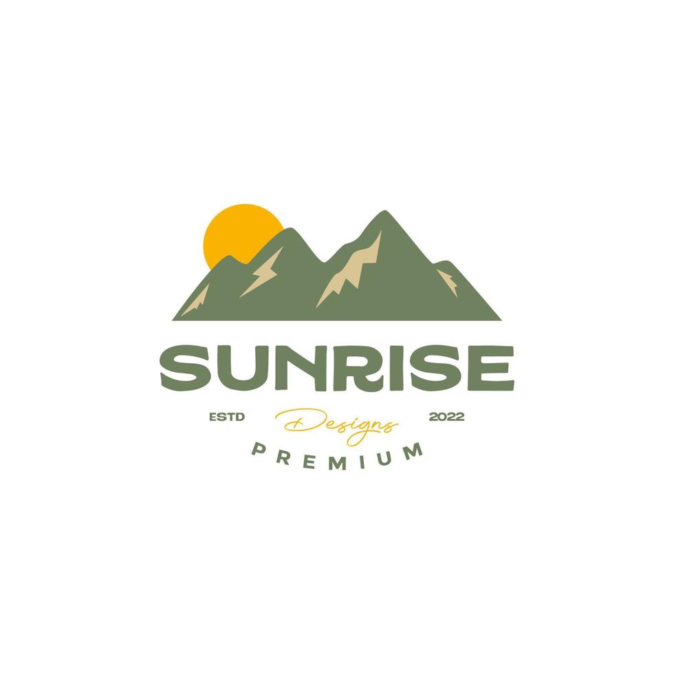 Sonnenaufgang Morgen scheinen draussen Gipfel montieren Jahrgang farbig Logo Design Vektor