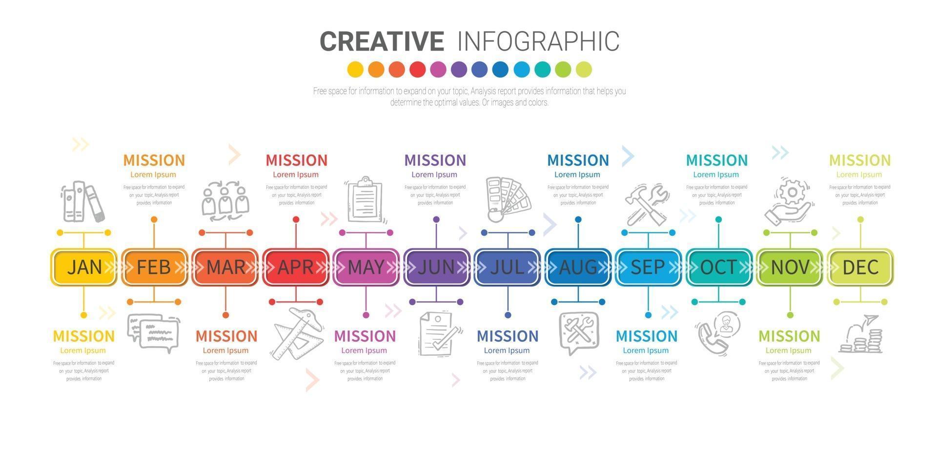 Timeline-Präsentation für 12 Monate, 1 Jahr, Timeline-Infografiken Design-Vektor und Präsentationsgeschäft können für Geschäftskonzepte mit 12 Optionen verwendet werden. vektor