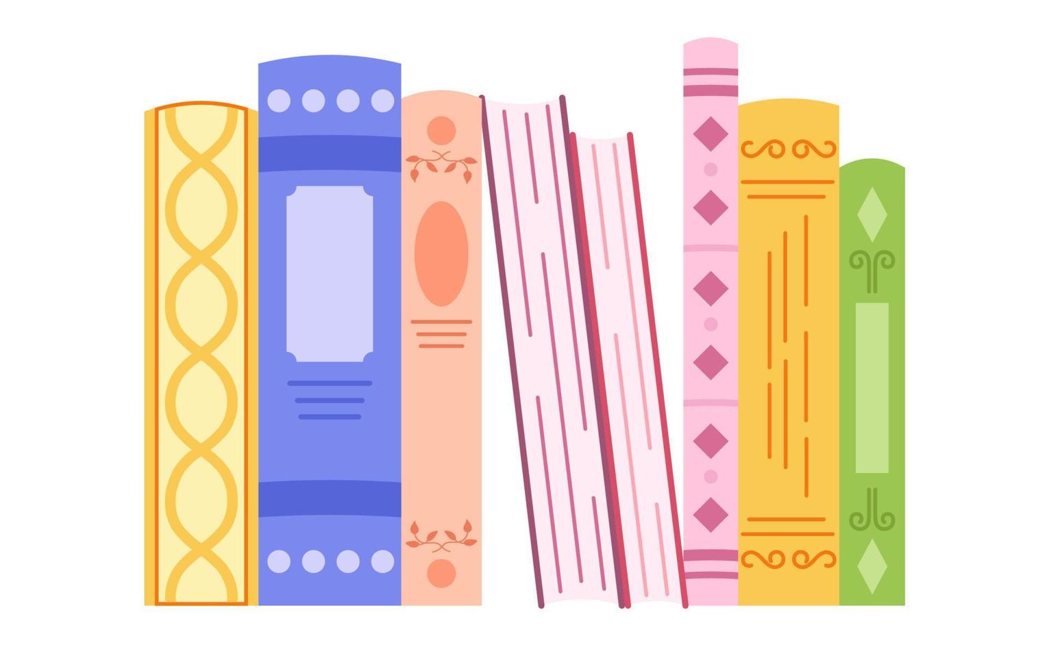 horisontell lugg av böcker med ljus omslag isolerat på vit bakgrund. hand drunkna tecknad serie illustration av färgrik böcker. vektor