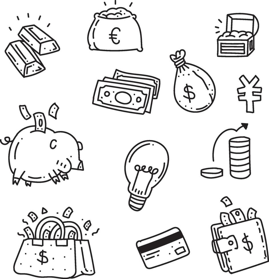 uppsättning doodle pengar ikoner vektor