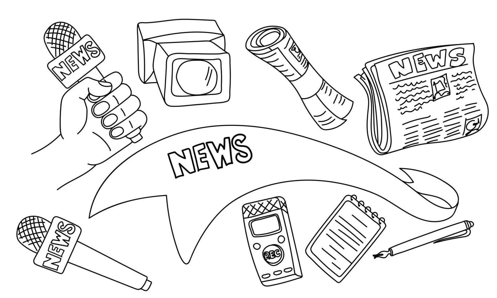 Tryck utrustning för värld Tryck frihet dag - Maj 3. kontur teckning med fläckar av en hand med en mikrofon, en video kamera, en penna och en anteckningsbok, en tidning. kontur illustration. utskrift klistermärken vektor