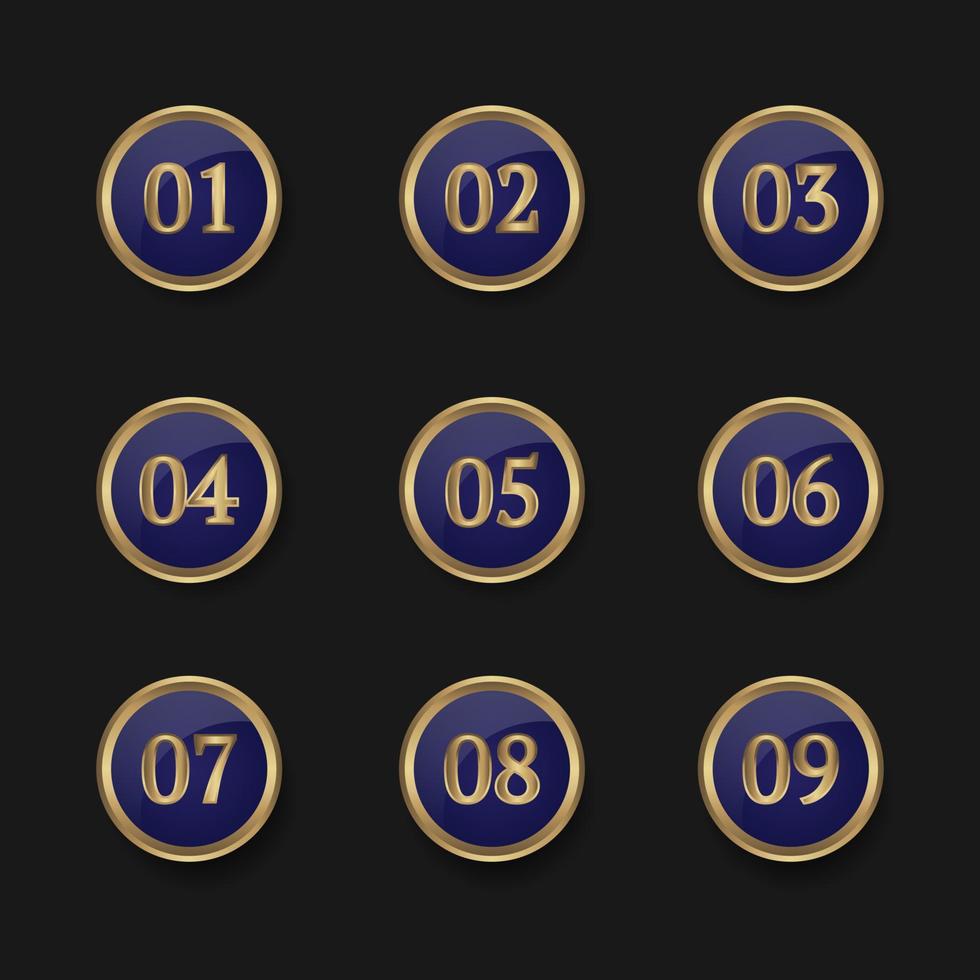 uppsättning av punkt tal, 01 till 09, lila och guld vektor