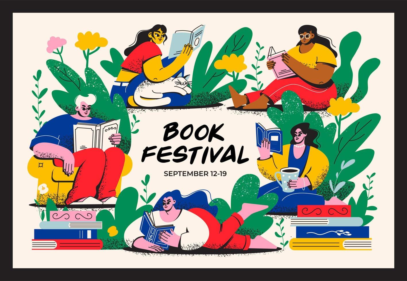 affisch av de bok festival. en grupp av män och kvinnor är läsning böcker. bibliotek, bokhandel vektor