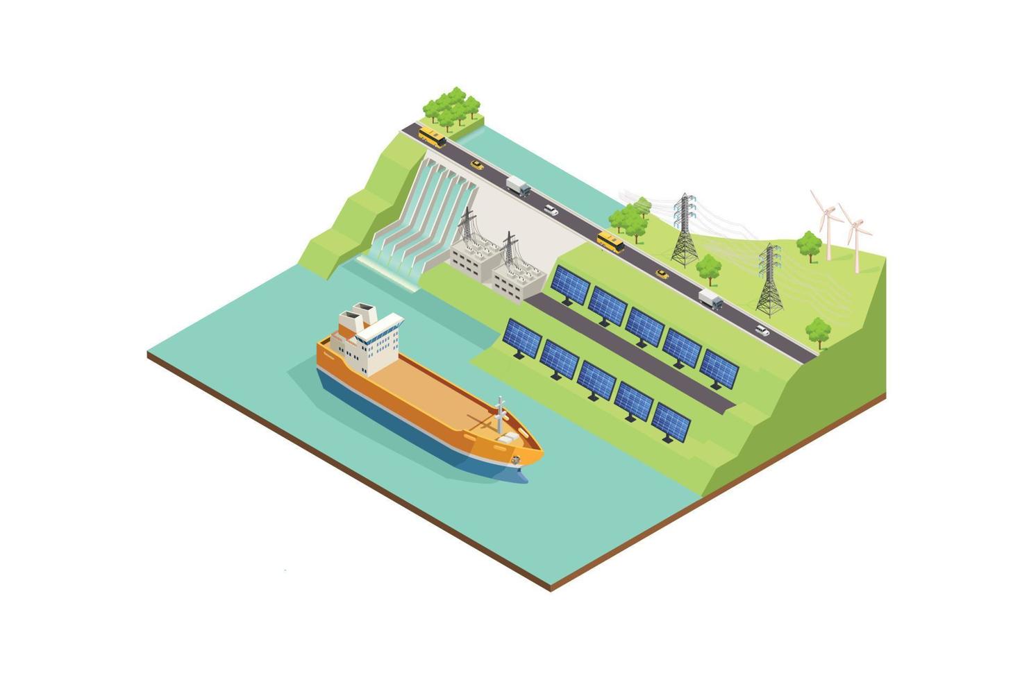 modern Vektor isometrisch verlängerbar Elektrizität Generation. Wind Bauernhof, Wasserkraft und Gezeiten Leistung Stationen, geothermisch und Solar- oder Photovoltaik Leistung Pflanzen