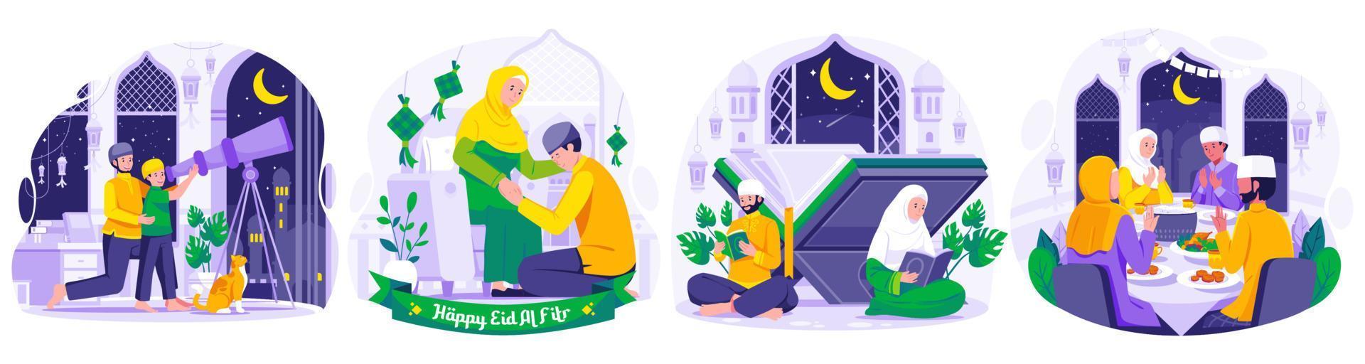 Illustration einstellen von Ramadan Konzept mit Muslim Menschen Gruß und feiern Ramadan kareem und eid Mubarak. Gruß jeder andere und Entschuldigung. iftar Party. suchen zum hilal oder Neu Mond vektor