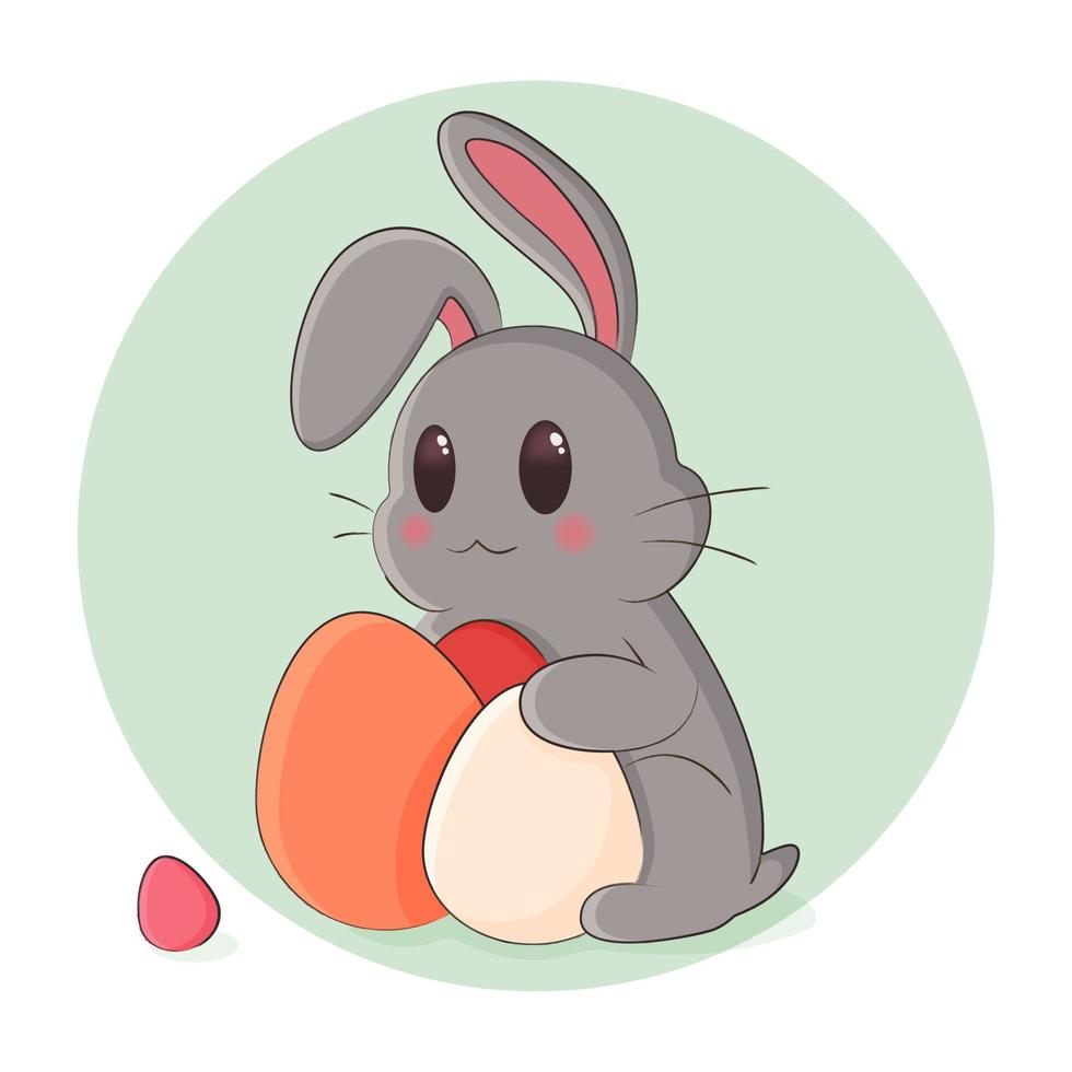 Lycklig påsk konst med söt påsk kanin och ägg. illustration med söt tecknad serie påsk kanin på grön bakgrund. vektor illustration
