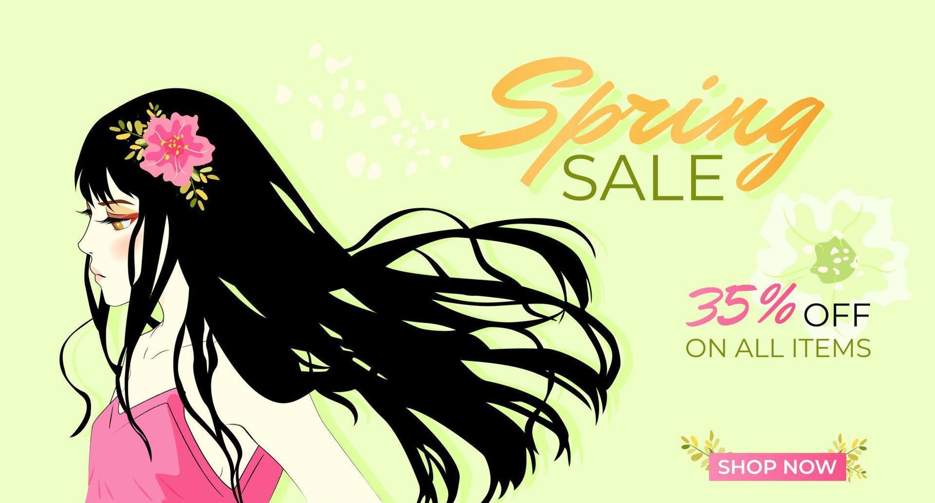 Frühling Verkauf Banner Vorlage mit Anime Mädchen auf ein Grün Hintergrund. Vektor Illustration zum Werbeaktionen, Zeitschriften, Werbung, Netz Websites. horizontal Vektor Banner.