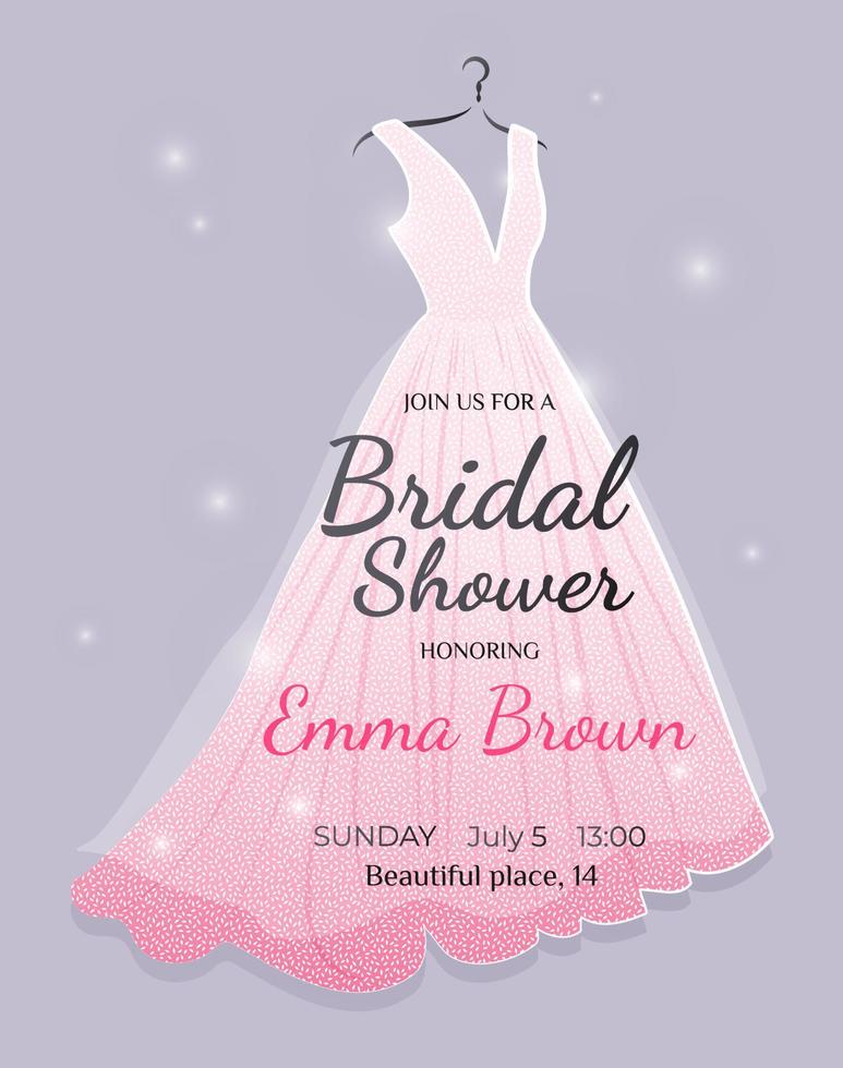 luxuriös und elegant Braut- Dusche Einladung Karte mit modisch Hochzeit Kleid auf ein Kleider Aufhänger. Vektor Illustration
