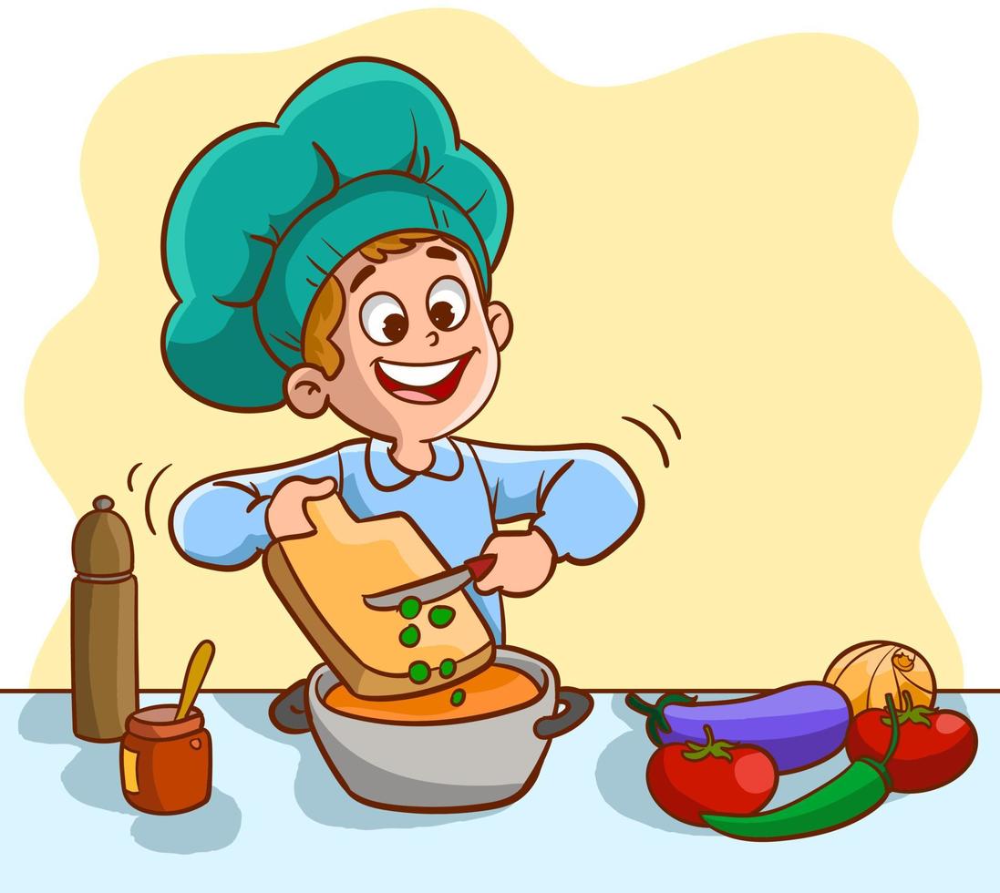 Lycklig söt liten pojke bär kock enhetlig och matlagning. vektor