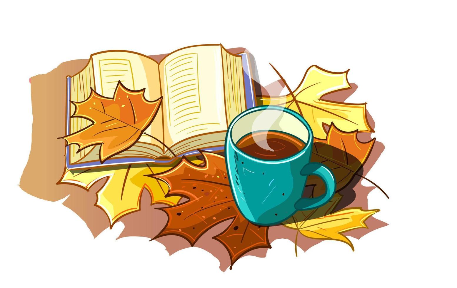 Herbst. ein öffnen Buch. Tasse von Tee Kaffee. Gelb rot Blätter.Karikatur Illustration. vektor