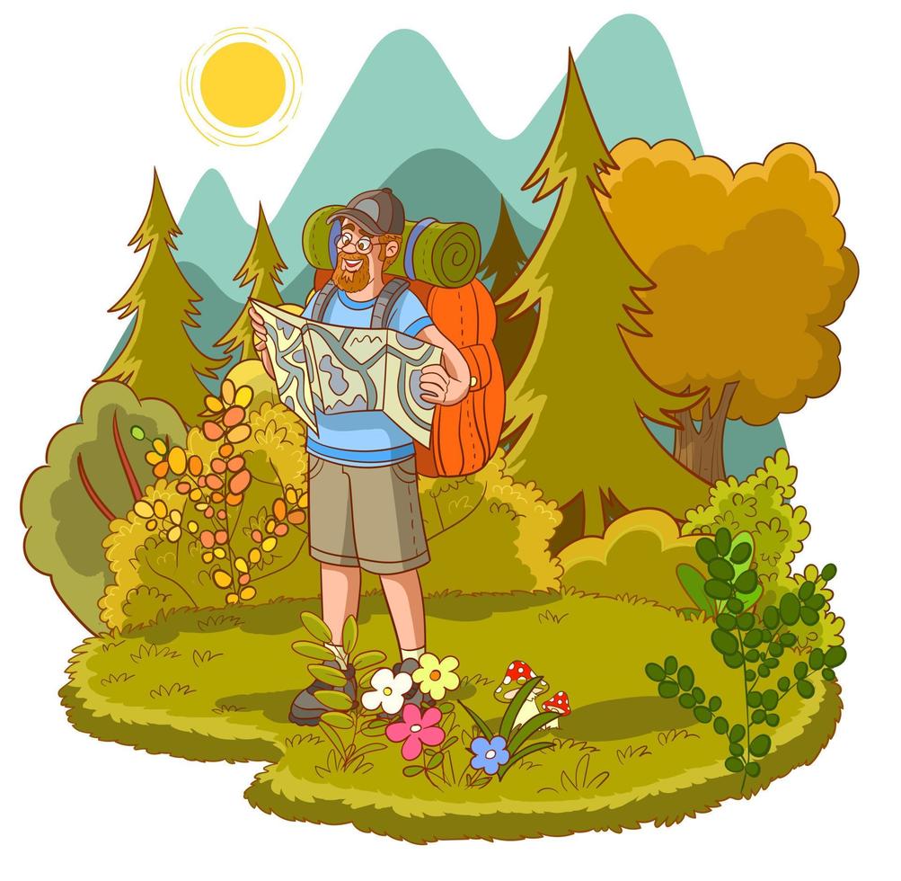 Mann mit Rucksack isoliert Person. männlich Reisender im Tourist Kleider ist beschäftigt, verlobt im wandern, Bergsteigen, Rucksackreisen Reise, Expedition. Sport, Lebensstil, Hobby Konzept. Vektor Charakter Illustration