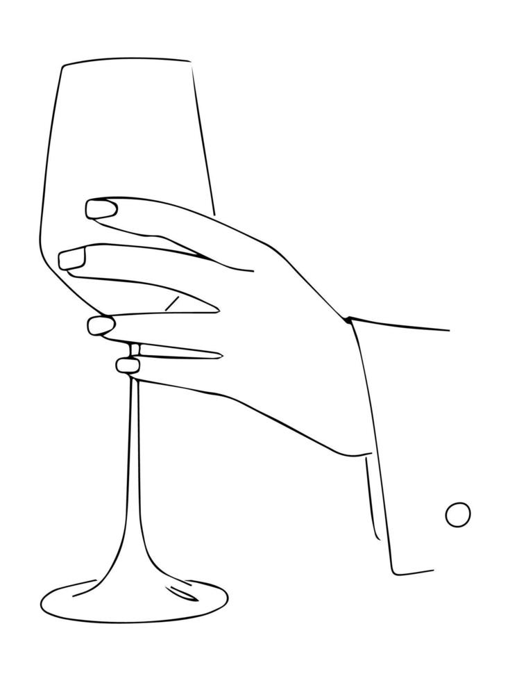 schön weiblich Hände halten ein Glas von Wein, Vektor Illustration im Strichzeichnungen Stil.