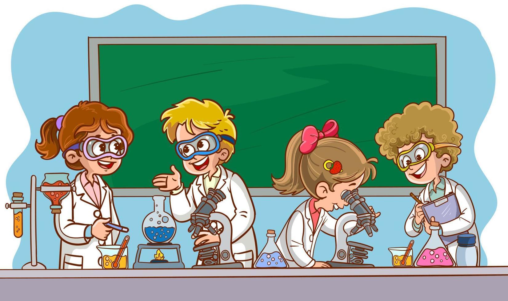 Karikatur Studenten tun Forschung mit chemisch Flüssigkeit im das Labor. Chemie Klassenzimmer. vektor