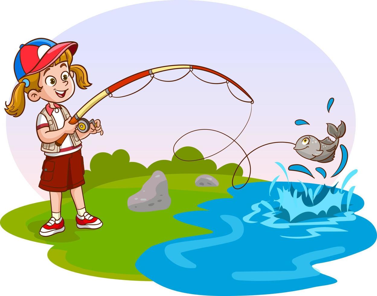 Mädchen Kind Angeln im das Fluss Vektor Illustration