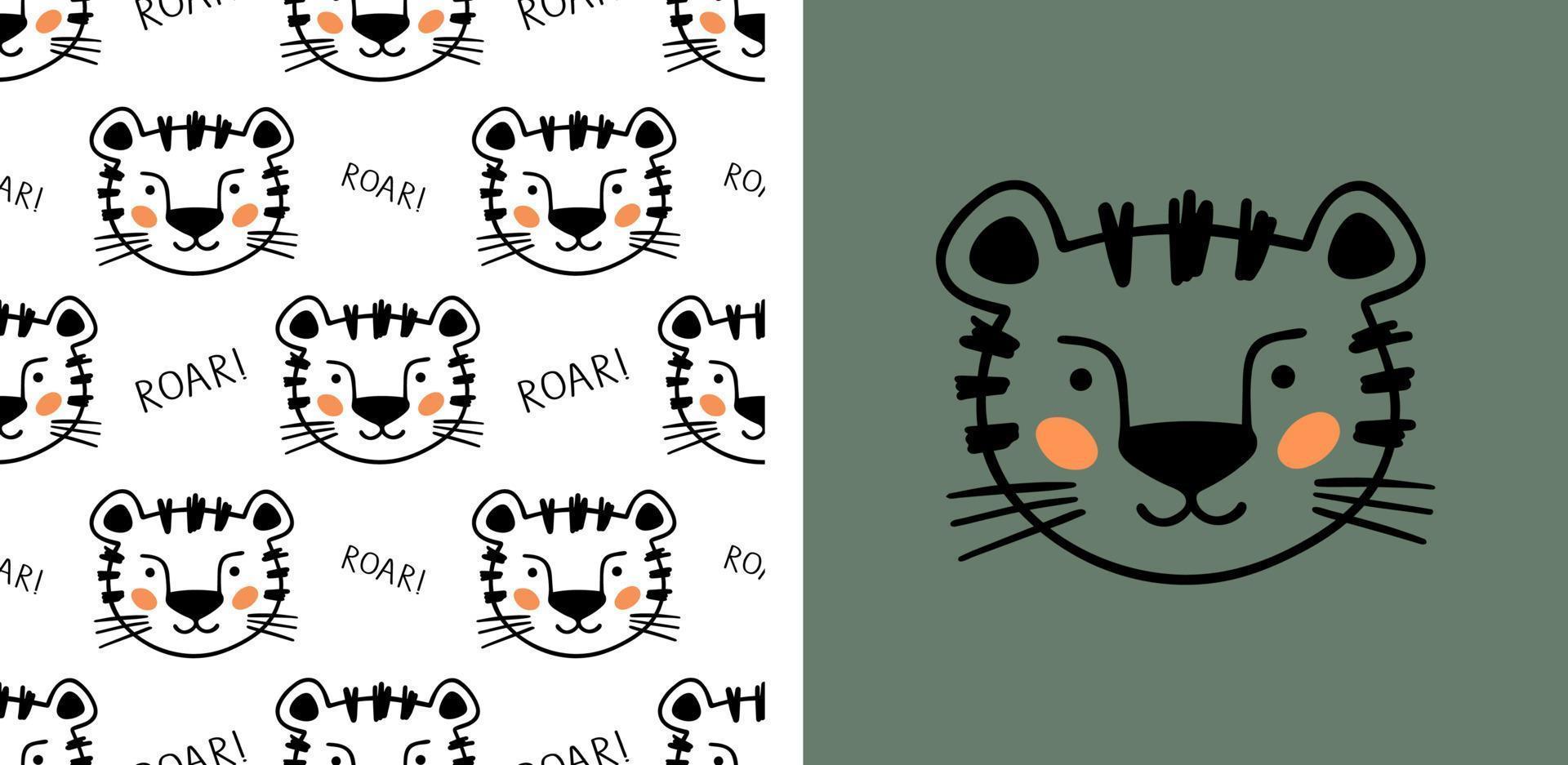 Hand gezeichnet Tiger mit Beschriftung brüllen zum Entwerfen Baby Kleidung. Vektor Illustration im Gekritzel Stil auf Grün Hintergrund. Postkarte mit Tiger und nahtlos Muster. Karikatur Bohemien Kindergarten drucken.
