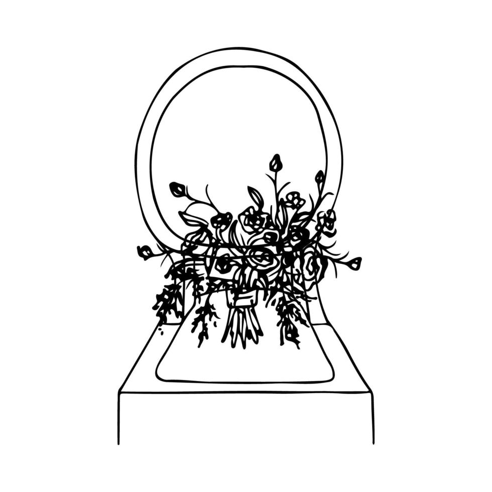kort bukett av blommor bunden med en band står på en stol med en runda tillbaka - hand dragen klotter. brud- bukett på årgång stol vektor skiss