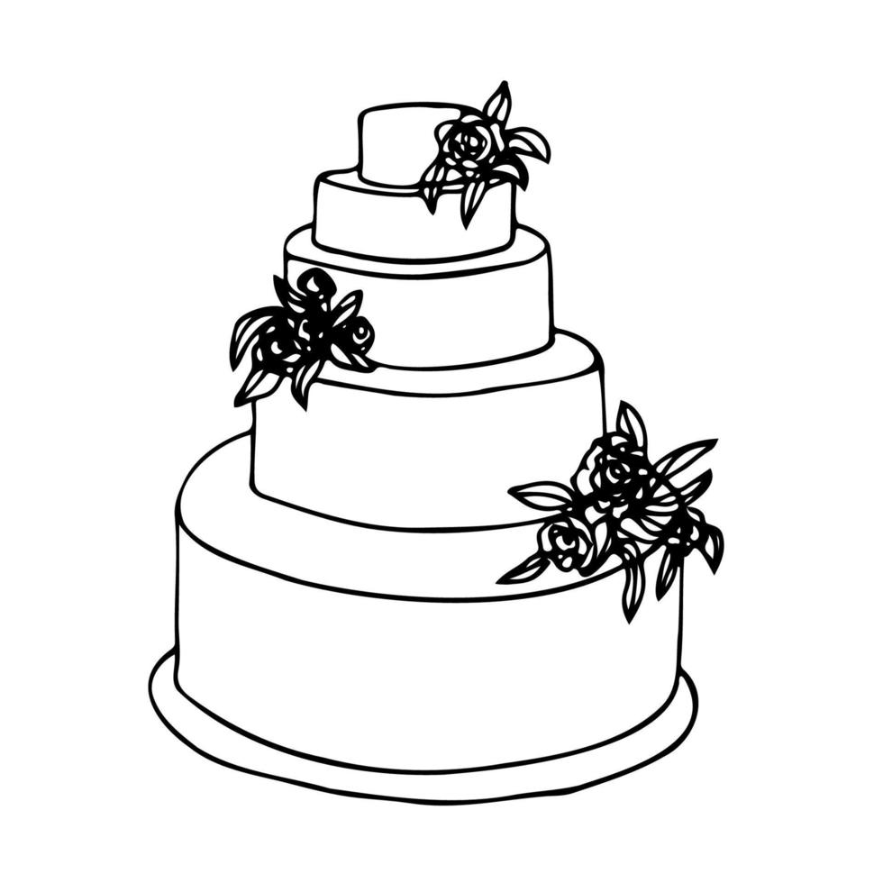 minimalistisch Kuchen mit Blumen im Gekritzel Stil. Hand gezeichnet Vektor Illustration Hochzeit Kuchen fünf Ebenen