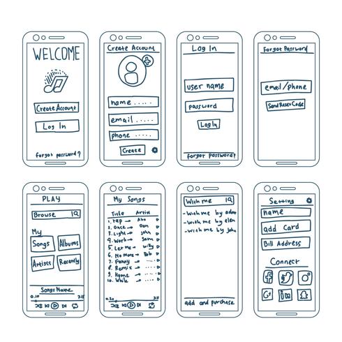 Musikapplikationer Wireframe Elements vektor