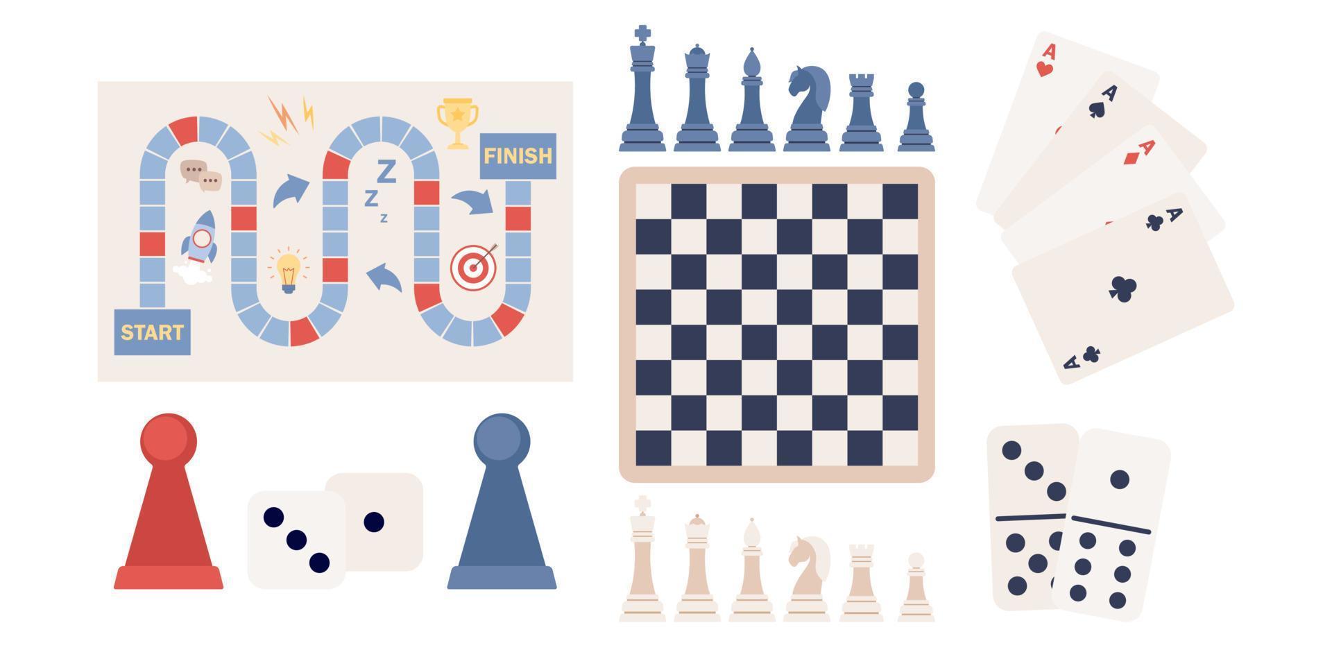 styrelse spel ikon uppsättning. schack, domino, spel kort och tärningar. fritid tid aktivitet, underhållning. vektor platt illustration