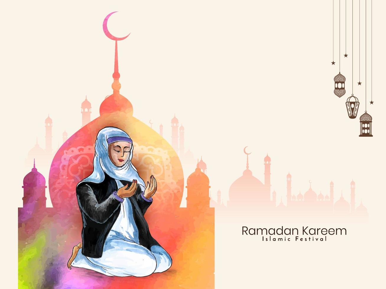 Ramadan kareem Festival Karte mit Muslim weiblich Angebot namaz zu Allah vektor