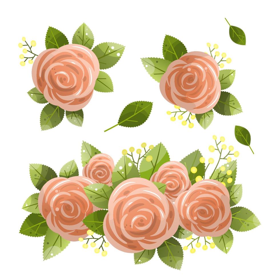 Rosa Vektor Rosen und Grün verlassen Elemente einstellen isoliert auf das Weiß Hintergrund zum Blumen- Dekoration.