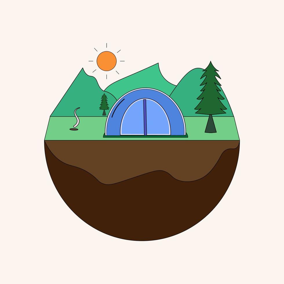 runda campingplats landskap med en tält. camping begrepp platt vektor ikon illustration.