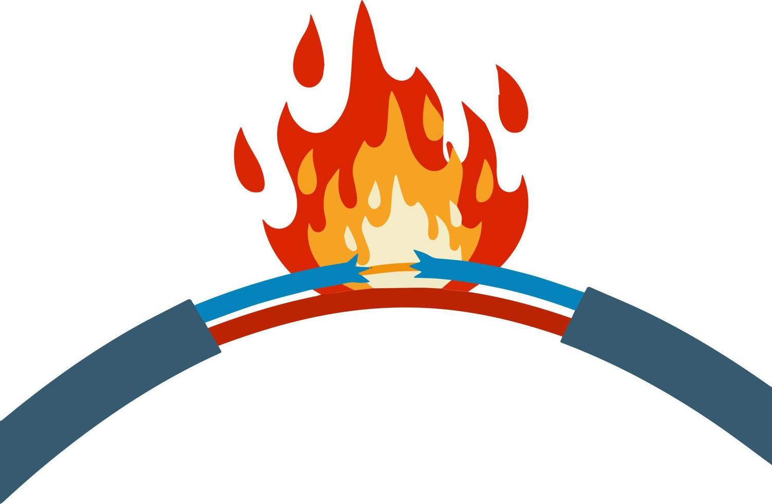 beschädigt Kabel mit rot Kabel. kurz Schaltkreis. Karikatur eben Illustration. gebrochen Linie. fehlerhaft elektrisch Gerät. Sicherheit Regel. Orange Flamme und Feuer isoliert auf Weiß vektor