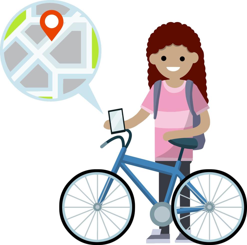 Fahrrad mit Mädchen mit Rucksack. gesund Lebensstil. Karikatur eben Illustration. städtisch Transport. Hobby und Sport. Stadt Karte und Navigation. modern Technologie. jung Frau vektor