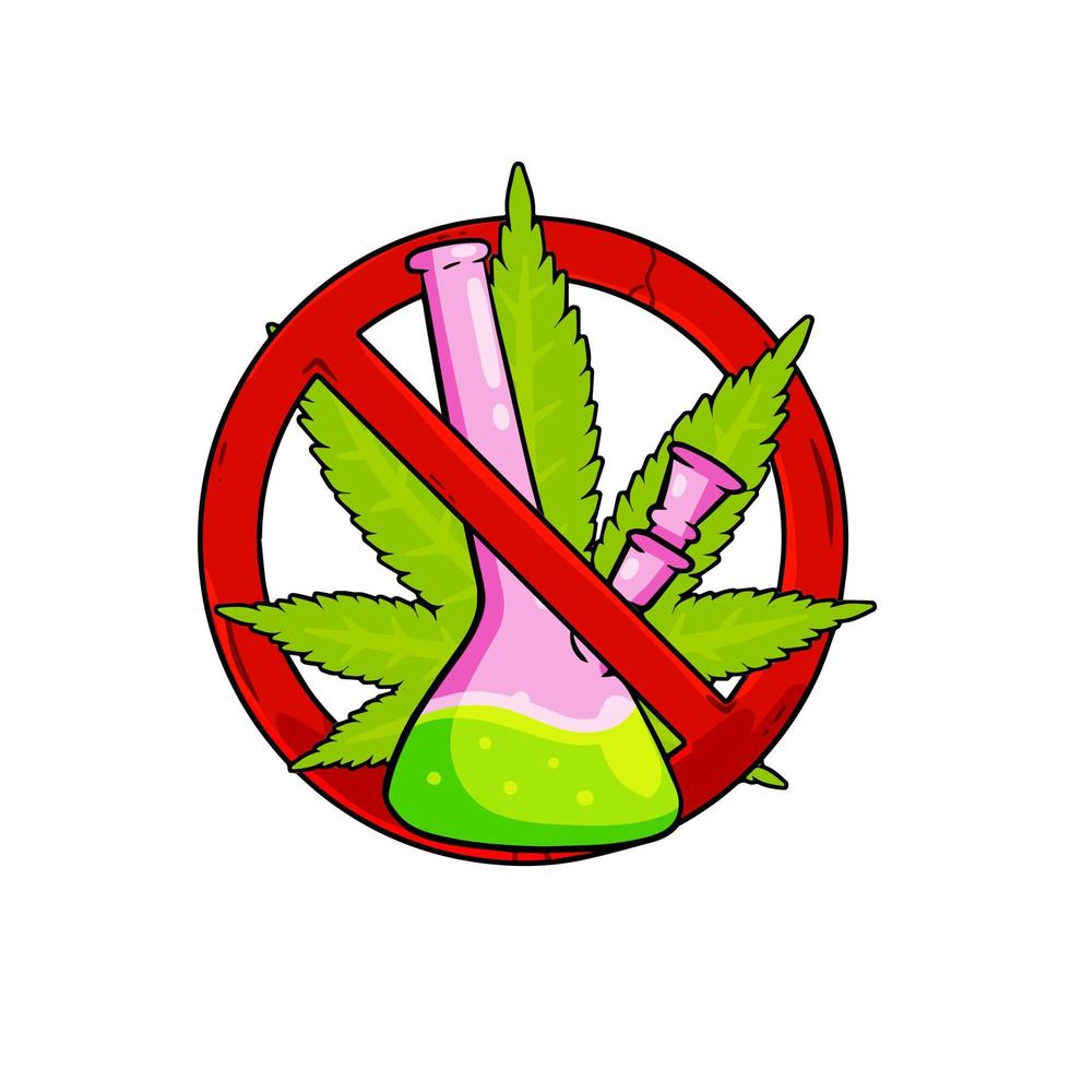 Bong. Verbot von Drogen. Stoppen Sie Marihuana. Glasinstrument zum Rauchen von Ganja. rotes Schild. Cartoon-Illustration vektor