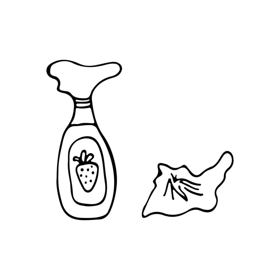 klotter stil dragen rengöring spray flaska och en rengöring trasa. vektor illustartion.