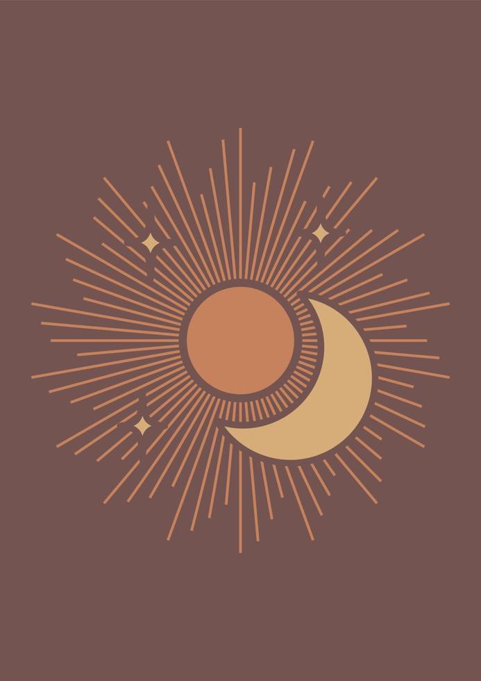 retro Sonne und Mond drucken Boho minimalistisch Mauer Kunst. Tarot Karte minimalistisch Vektor Illustration. ästhetisch Sonnenuntergang und Mitternacht drucken Bohemien Kunstwerk, Vektor