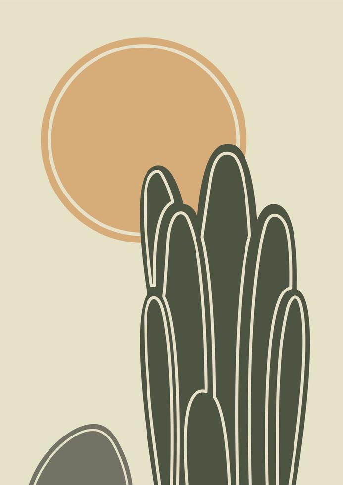 abstrakt samtida estetisk illustration med kaktusar och Sol. jord toner, beige färger. boho vägg dekor. mitten århundrade modern minimalistisk konst skriva ut. organisk former vektor