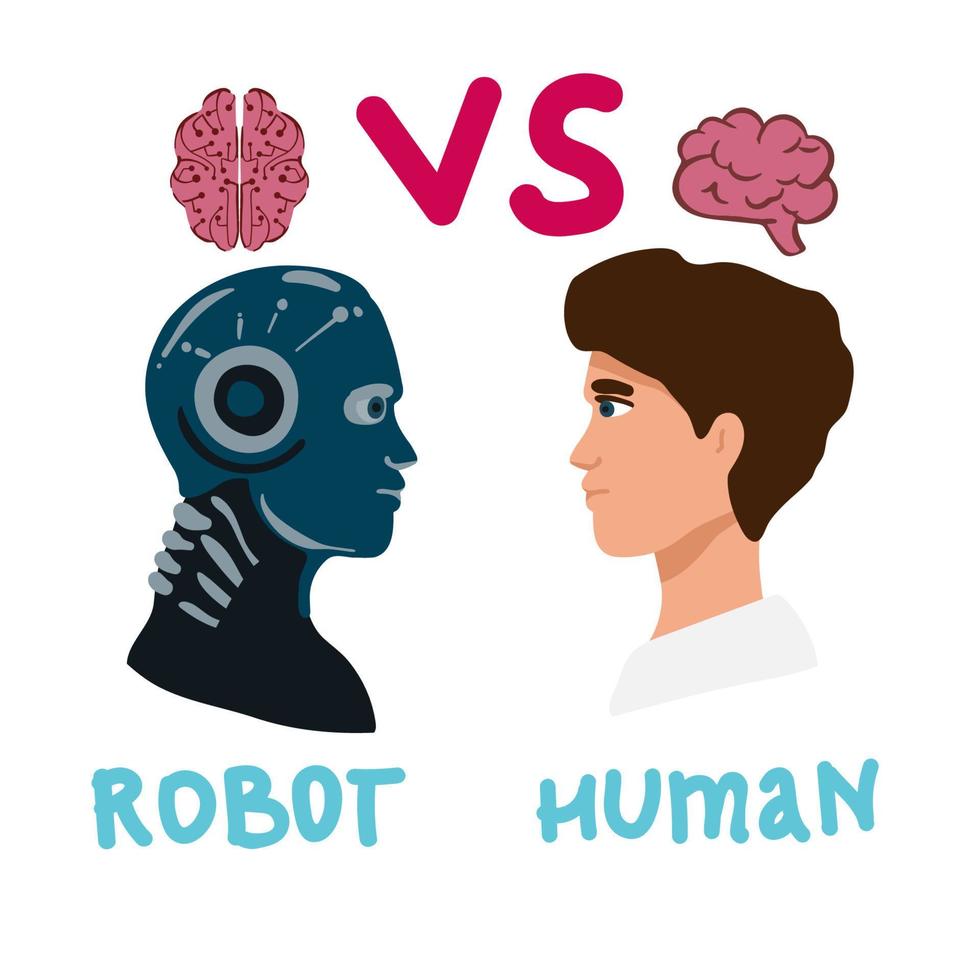 Vektor Karikatur Mensch Geschäftsmann Büro Manager Mann vs. Roboter künstlich Intelligenz ziehen Seil Wettbewerb. in der Nähe von Zukunft Schlacht.