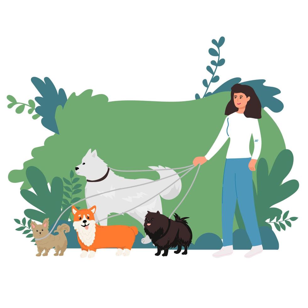 Hund Sitter Komposition mit draussen Landschaft und Gekritzel männlich Charakter Gehen drei Hunde mit Stadtbild Hintergrund Vektor Illustration
