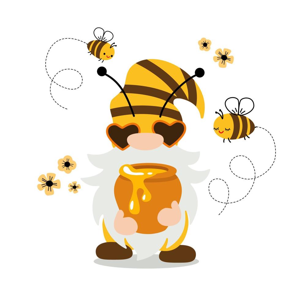 süß Gnom mit ein Topf von Honig und Bienen. Vektor Illustration isoliert auf Weiß Hintergrund.