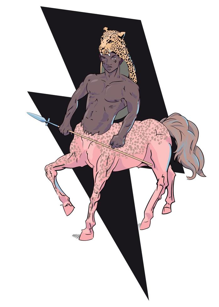 t-shirt design av ett afrikansk centaur med en spjut och leopard hud över de symbol av åska. mytologisk karaktär vektor