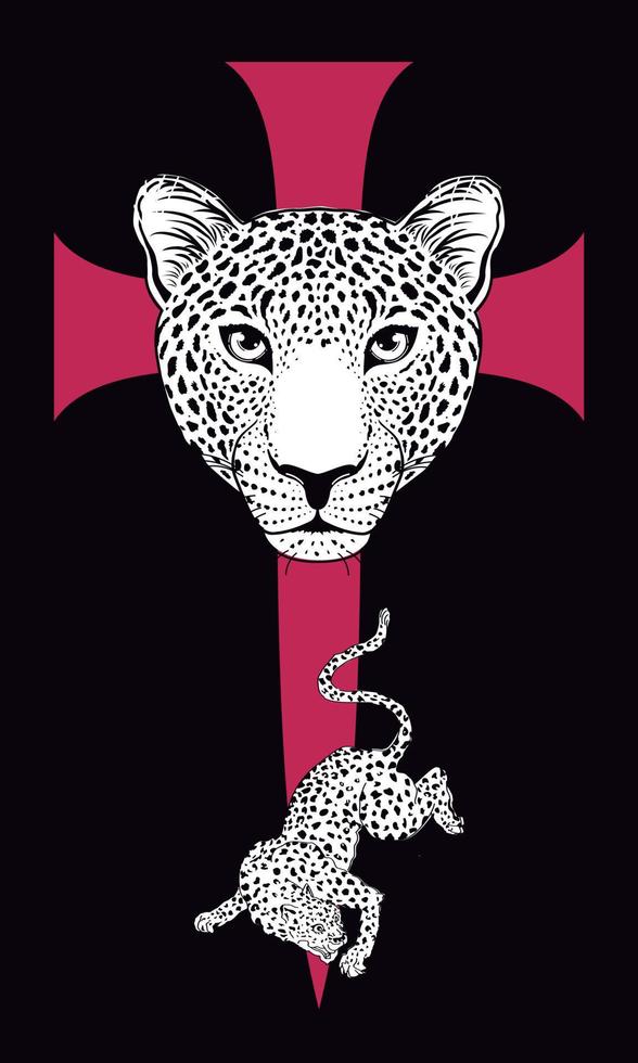 t-shirt design med leoparder på en stor röd medeltida korsa silat på svart. vektor illustration på heraldisk teman.