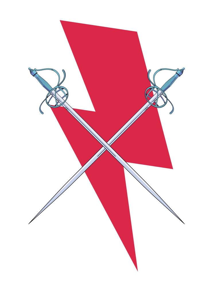 Vektor Illustration von zwei Zusammenstoß Schwerter Über das Symbol von rot Blitz. Ideal Design zum Ritterlichkeit und Abenteuer Comics.