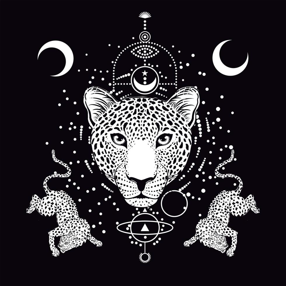 Design zum T-Shirt mit Leoparden und geometrisch Elemente isoliert auf schwarz vektor