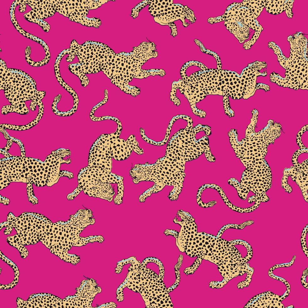 sömlös mönster med gul leoparder på en rosa bakgrund. vektor design för de textil- industri.
