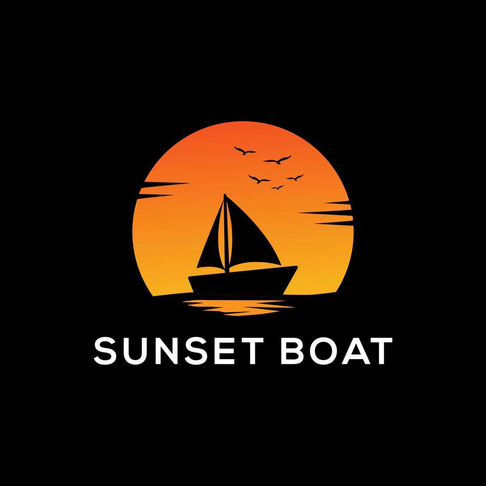 Sonnenuntergang Boot Silhouette Logo Design mit dunkel Hintergründe, Segelboot Vektor Zeichen Symbol