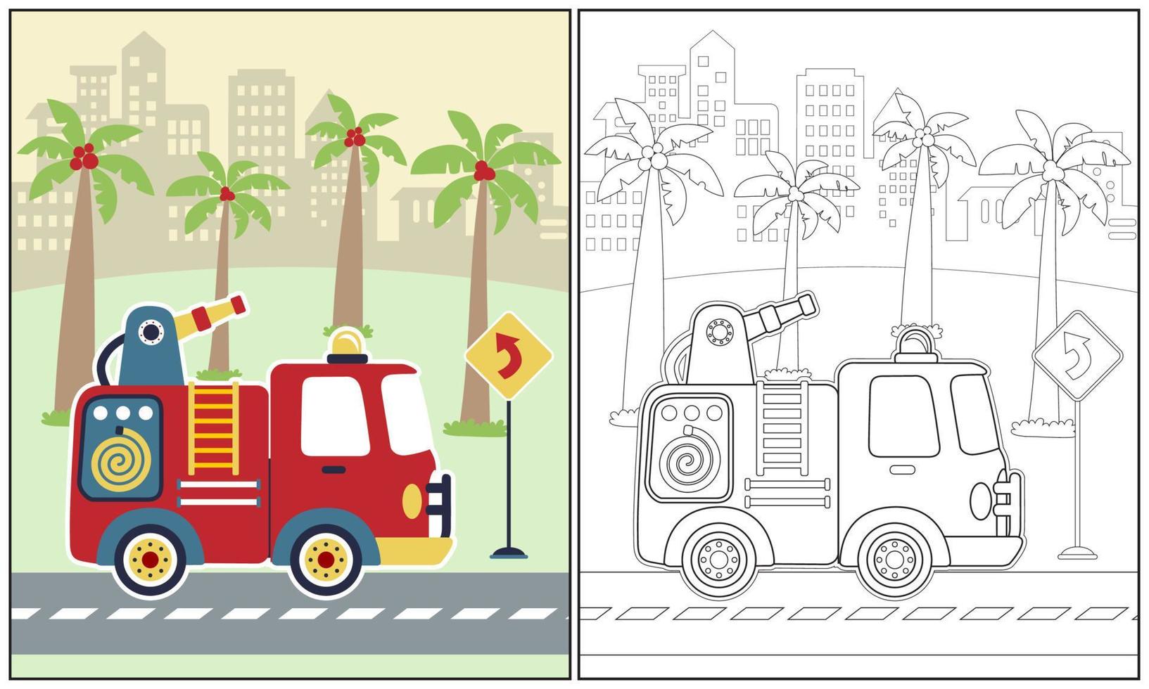 Vektor Karikatur Illustration von Feuer LKW mit Palme Baum auf Gebäude Hintergrund, Färbung Buch oder Seite