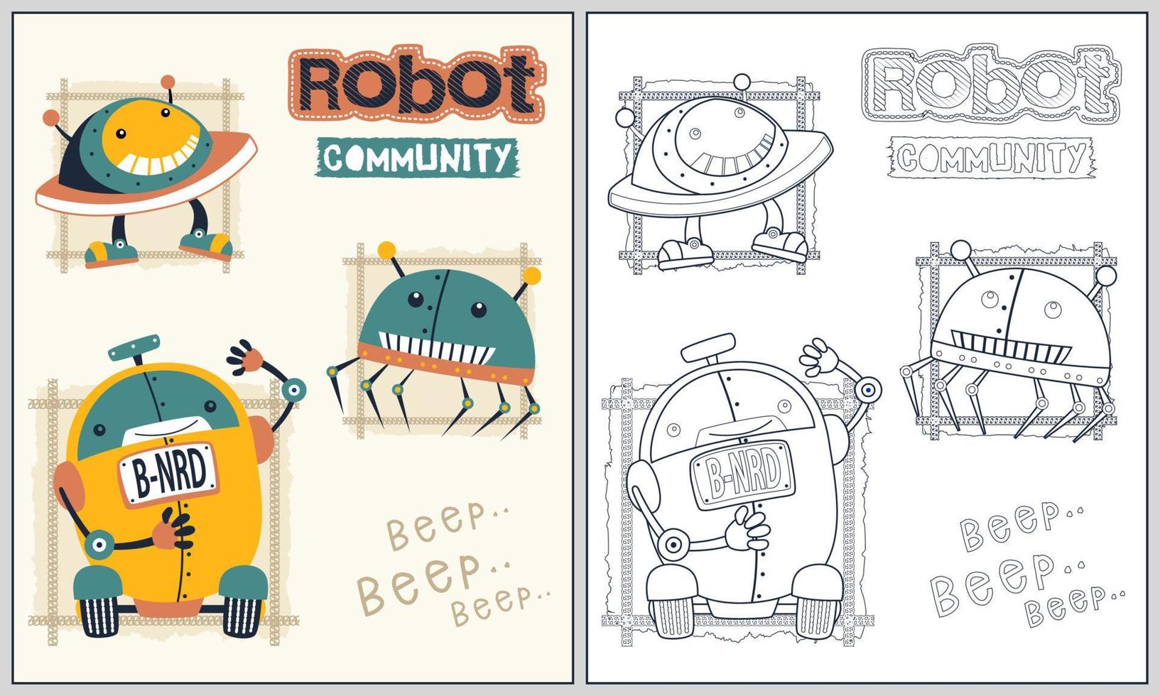 uppsättning av rolig robotar, vektor tecknad serie illustration, färg bok eller sida