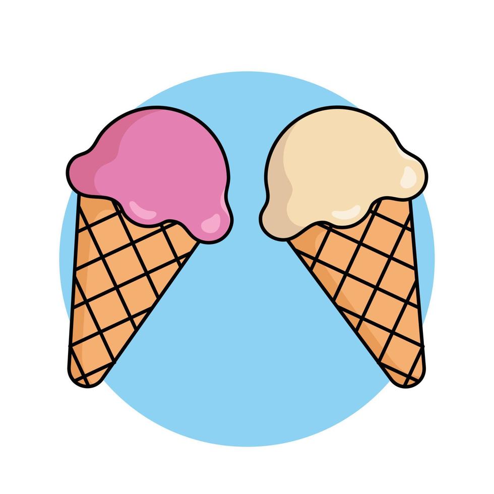 söt is grädde skopa tecknad serie ikon vektor. jordgubb och vanilj skopor i våffla kon. desserter och ljuv livsmedel platt design ikon begrepp. vektor platt översikt ikon