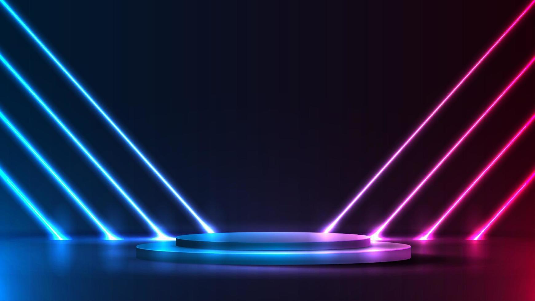 Podium oder Stand mit Linie Gradient Neon- im Science-Fiction. abstrakt Szene mit Rosa und Blau Neon- rahmen. Vektor Rendern Produkt Anzeige. futuristisch minimal Szene. Vektor Design.