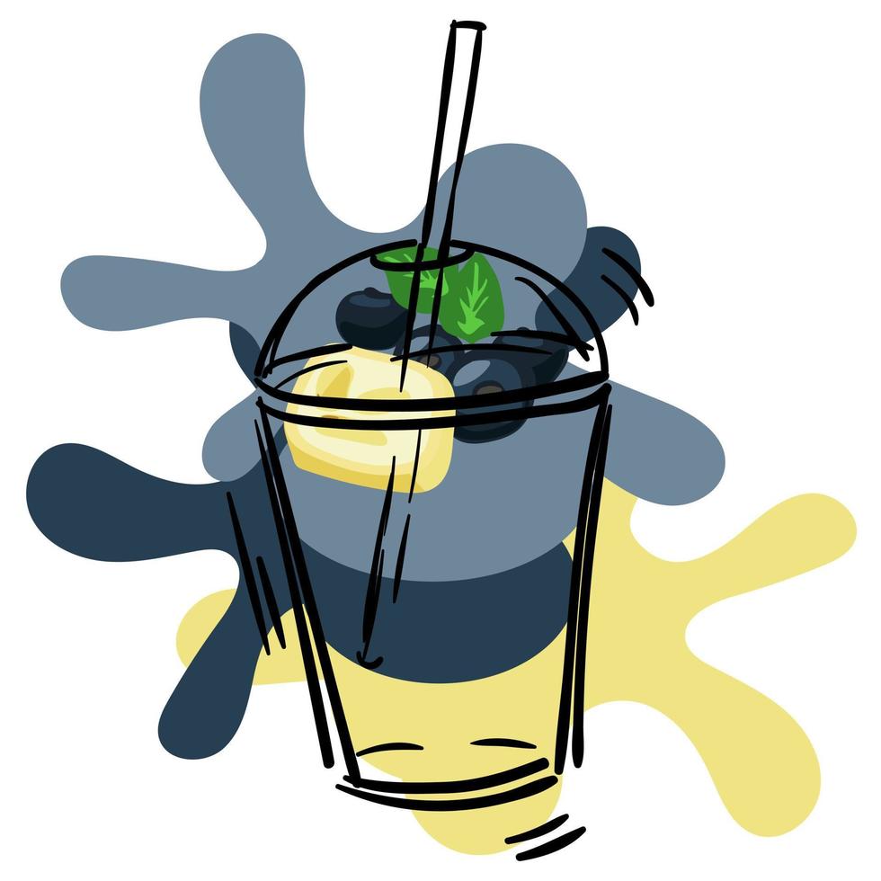 ein Glas mit ein Puff Milch Smoothie gemacht von Blaubeeren, Banane und Minze mit ein Stroh auf ein Weiß Hintergrund. ein Tasse mit ein Hintergrund von Flecken im das Farbe von Frucht. Illustration zum Drucken auf das Speisekarte vektor