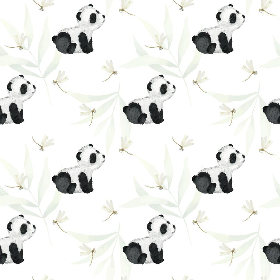 süß Sitzung Panda, Libellen, Bambus Blätter. Aquarell nahtlos Muster auf ein Weiß Hintergrund. Kinder- tropisch Zeichnung von ein süß Panda. zum Textilien, Verpackung, Hintergrund, Postkarten. vektor