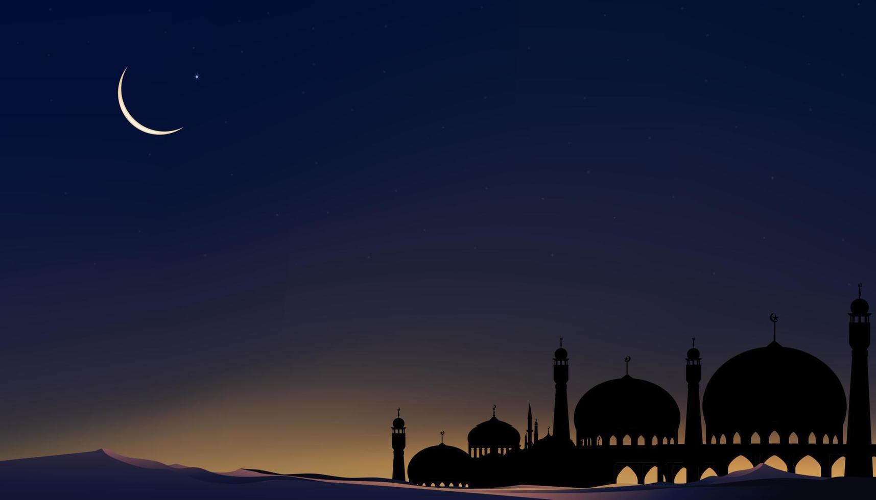 islamisch Karte mit Moscheen Kuppel, Halbmond Mond auf Blau Himmel Hintergrund, vertikal Banner Ramadan Nacht mit Dämmerung Dämmerung Himmel zum islamisch Religion, Eid al adha, eid Mubarak, Eid al fitr, ramadan kareem vektor