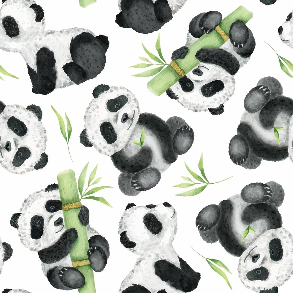 süß Pandas und Bambus auf ein Weiß Hintergrund. Aquarell nahtlos Muster. Kinder- tropisch Zeichnung von ein süß Panda. zum Textilien, Verpackung Papier, Gruß Karten vektor