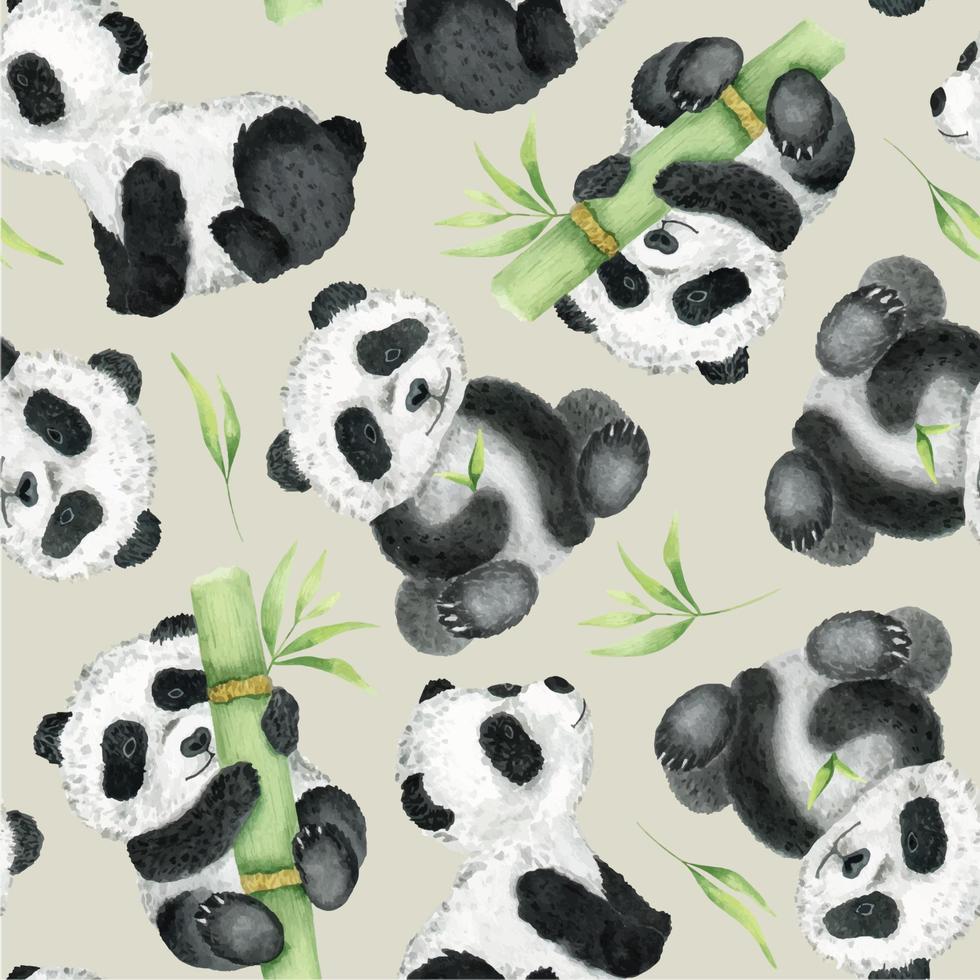 süß Pandas und Bambus auf ein grau Hintergrund. Aquarell nahtlos Muster. Kinder- tropisch Zeichnung von ein süß Panda. zum Textilien, Verpackung Papier, Gruß Karten vektor